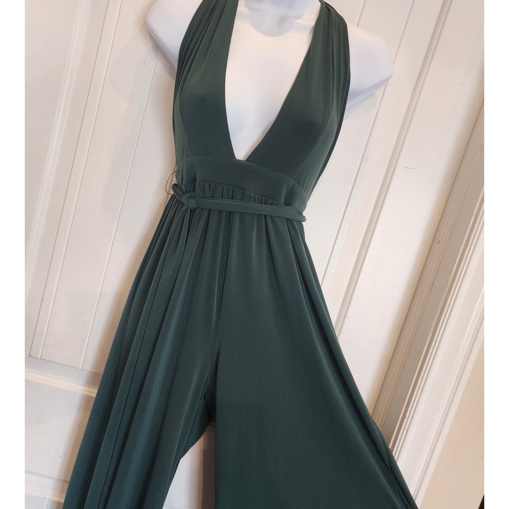 Dark Green Deep V-Neck Halter Wide Leg Jumpsuit with Tie Waist Belt
